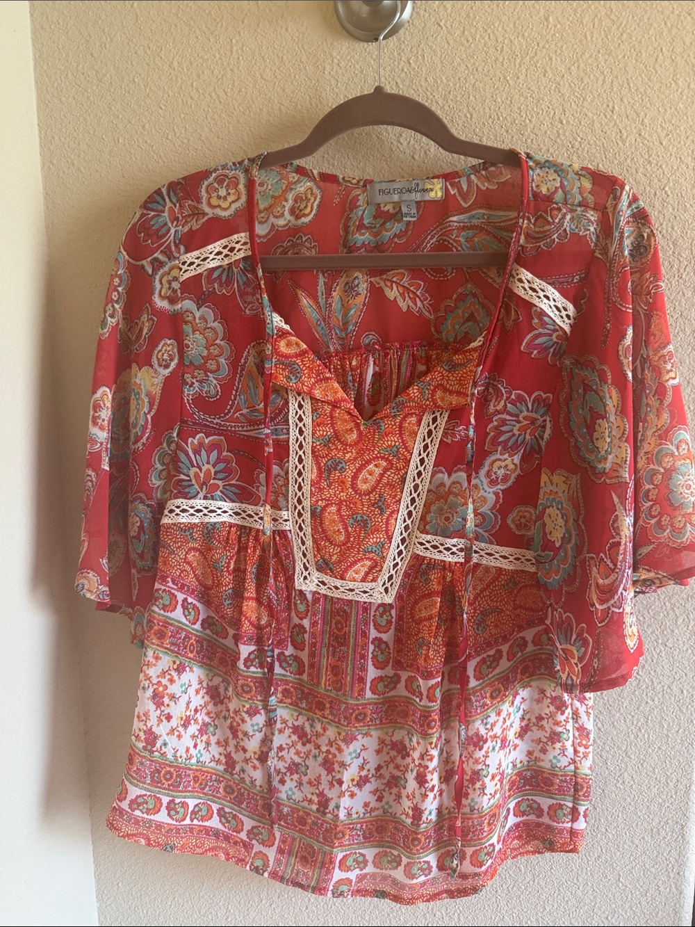 Women's Red Floral Lace-Trim Peasant Blouse